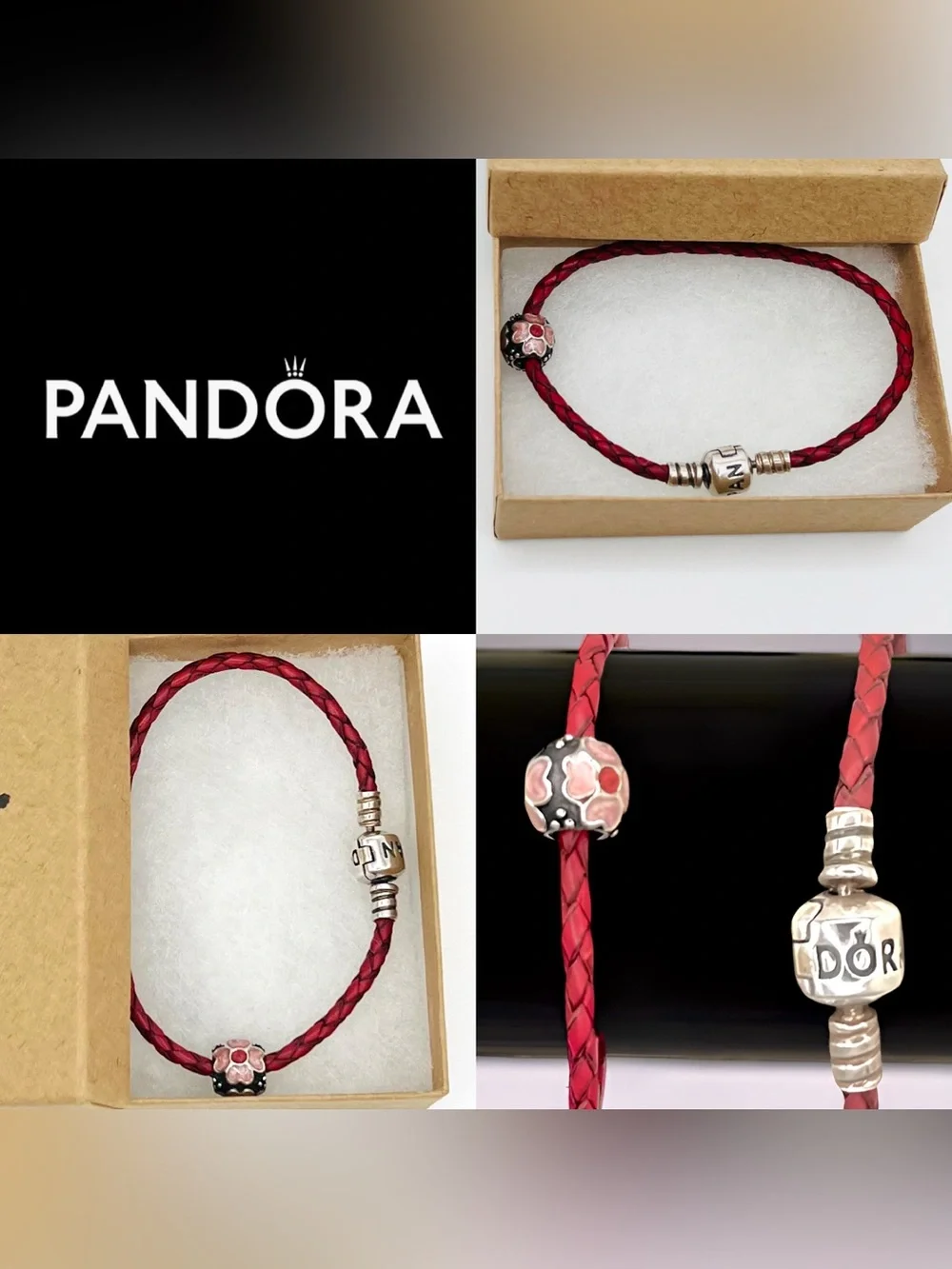 Pandora Moments Dark Pink Burgundy Braided Leather Bracelet w/Flower Bead
